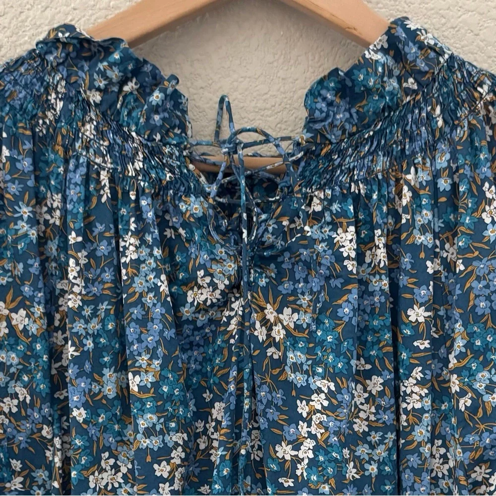 J. Crew Smocked Puff Sleeve Midi Dress XS Liberty Fabric Blue Floral Cottagecore - Picture 13 of 16